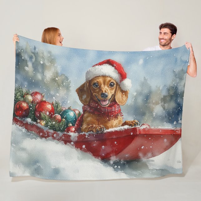 Dachshund hund i släde Låt det snöa jul Fleecefilt (På plats)