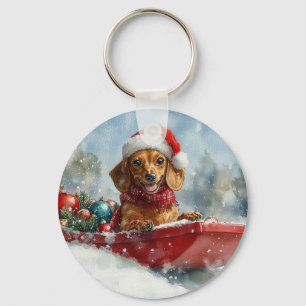 Dachshund Hund i Släde Låt det Snöa Jul Nyckelring