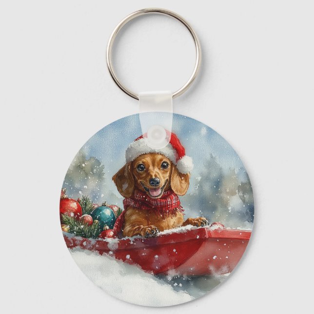Dachshund Hund i Släde Låt det Snöa Jul Nyckelring (Framsida)