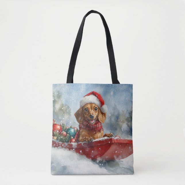 Dachshund Hund i Släde Låt det Snöa Jul Tygkasse (Framsida)