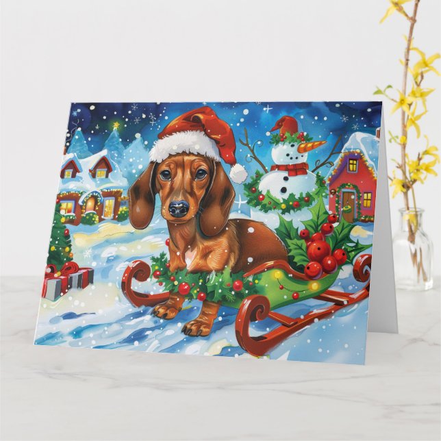 Dachshund hund i släde snö jul kort (Gul blomma)