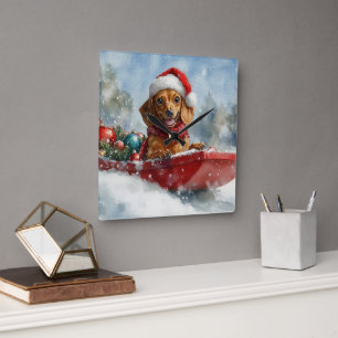 Dachshund Hund i Sledge Låt det snöa jul Fyrkantig Klocka