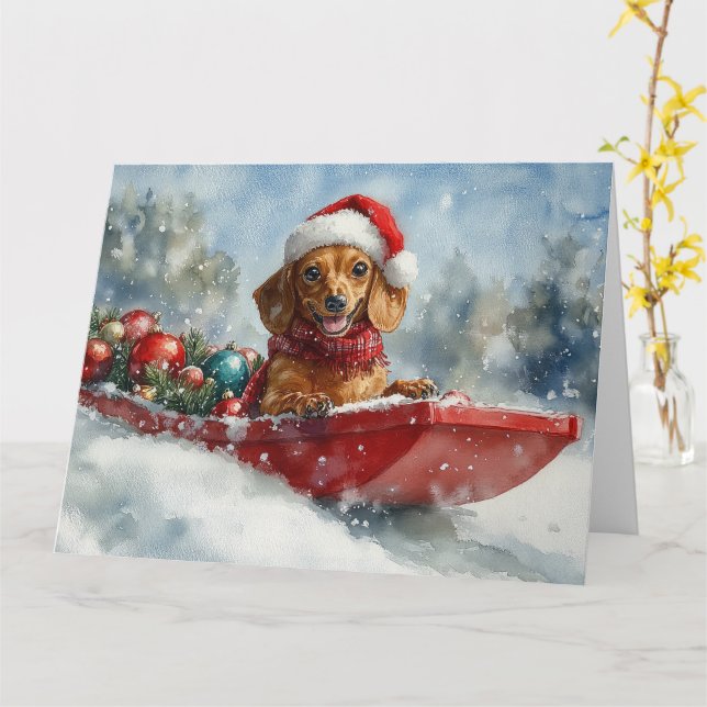 Dachshund Hund i Sledge Låt det snöa jul Kort (Gul blomma)