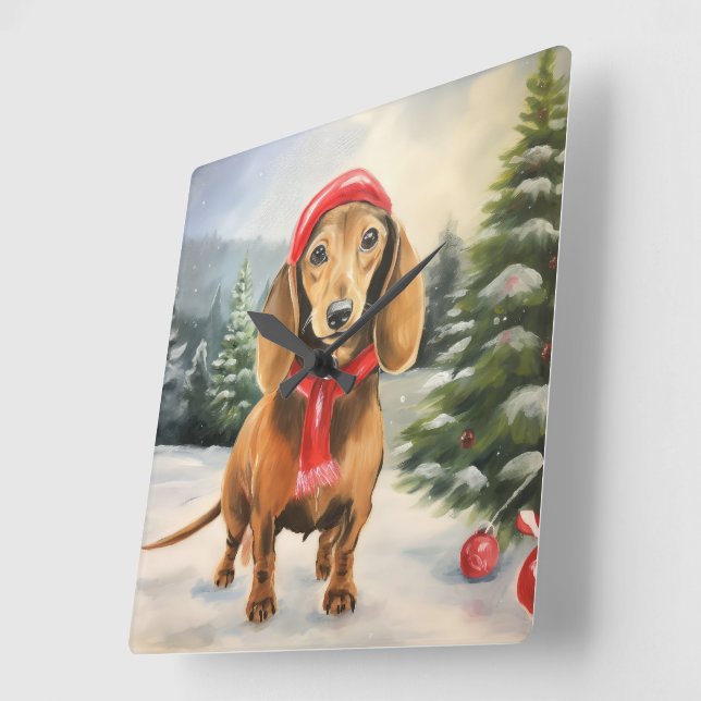 Dachshund Hund i Snö-jul Fyrkantig Klocka (Vinkel)