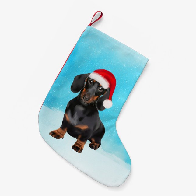 Dachshund Hund i Snö jul Hat Liten Julstrumpa (Framsidan (Hängande))