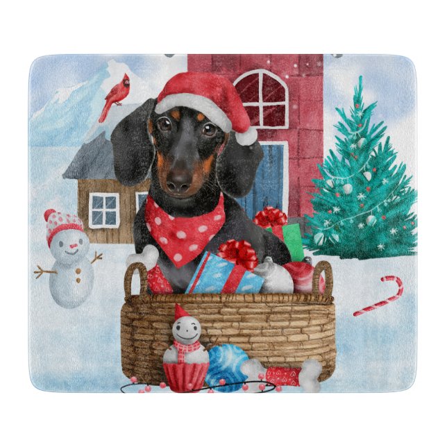 Dachshund Hund I snö Jul Hund Hus (Framsidan)