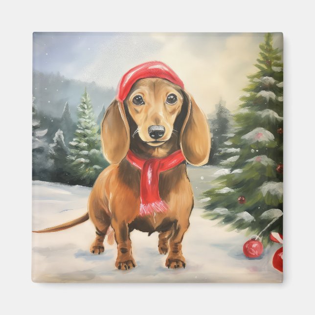 Dachshund hund i snö jul  magnet (Framsidan)