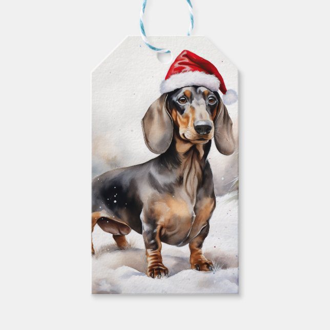 Dachshund Hund i Snö-jul Presentetikett (Framsidan)