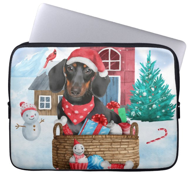 Dachshund Hund i snö julhus Hund Laptop Fodral (Framsidan)