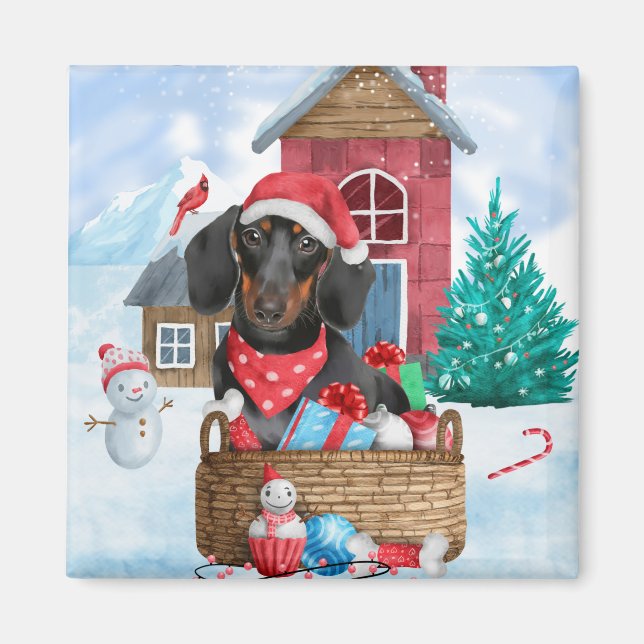Dachshund Hund i snö julhus Hund Magnet (Framsidan)