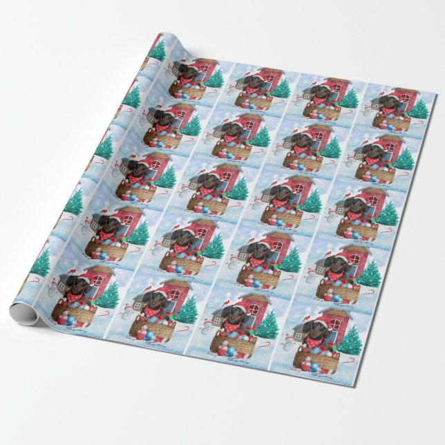 Dachshund Hund i snö julhus Hund Presentpapper (Utrullad)