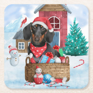 Dachshund Hund i snö julhus Hund Underlägg Papper Kvadrat