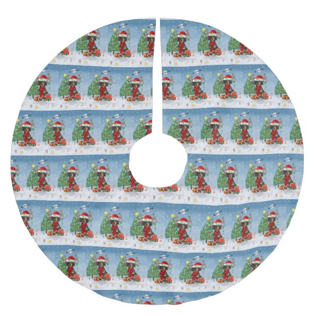 Dachshund Hund i Snö med julklappar Julgransmatta Borstad Polyester (Framsidan)