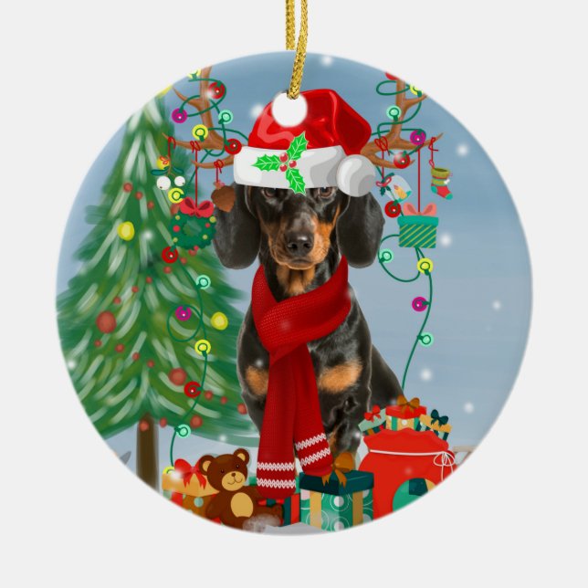 Dachshund Hund i Snö med julklappar Julgransprydnad Keramik (Framsidan)