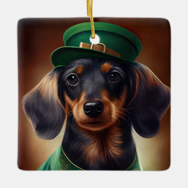 Dachshund Hund i St. Patrick Dress Julgransprydnad Keramik (Framsida)