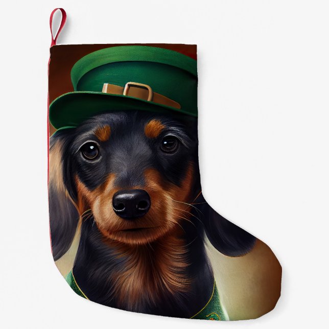 Dachshund Hund i St. Patrick Dress Liten Julstrumpa (Framsidan)