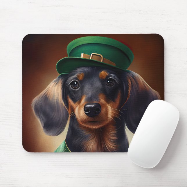 Dachshund hund i St. Patrick's Day dräkt Musmatta (Med mus)