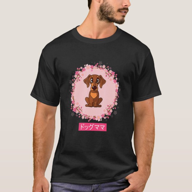 Dachshund Hund Japansk Cherry Blommar Sakura T Shirt (Framsida)
