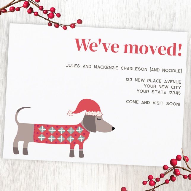 Dachshund Hund Jul Flytta Meddelande (Fun Dachshund Wiener Sausage dog Christmas change of address moving announcement postcard)