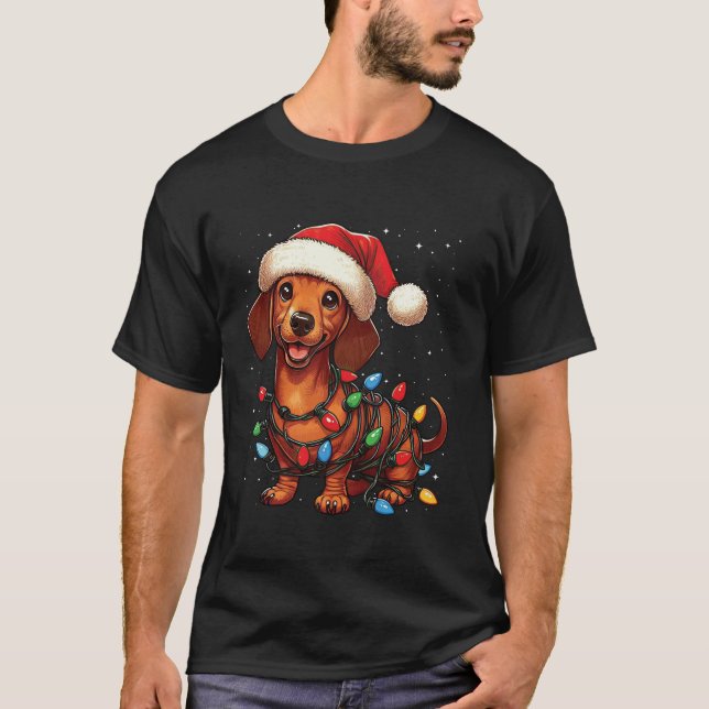 Dachshund Hund jul Ljus Santa Hat Julafton Snö T Shirt (Framsida)