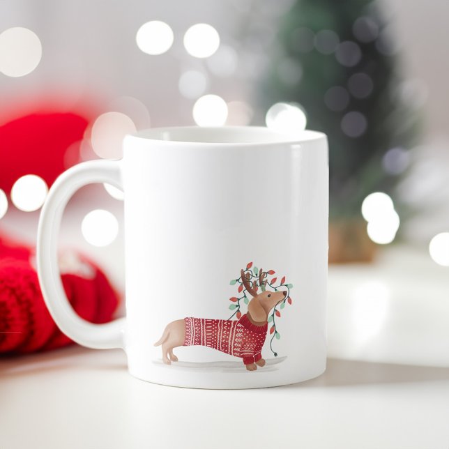 Dachshund Hund jul Sweater & Ljus Kaffemugg (Dachshund Dog Christmas Sweater & Lights Coffee Mug)