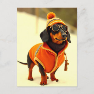 Dachshund hund klädd i skidkläder vykort