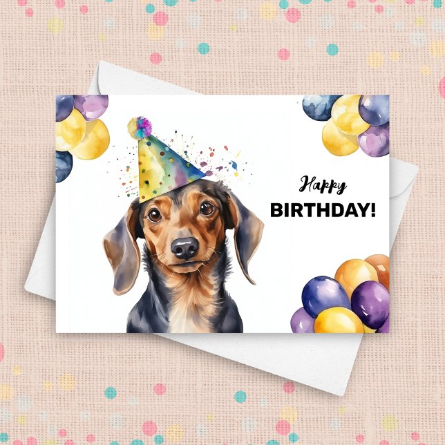 Dachshund Hund med Balloons och Party Hat Birthday Kort (Skapare uppladdad)