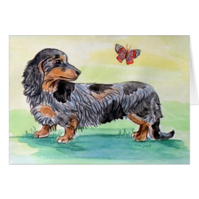 Dachshund-Hund med fjäril Hälsningskort (Framsidan Horizontal)