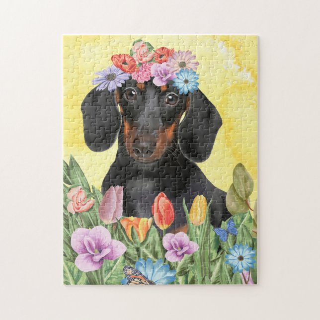 Dachshund Hund med Flowers Vår Pussel (Vertikal)