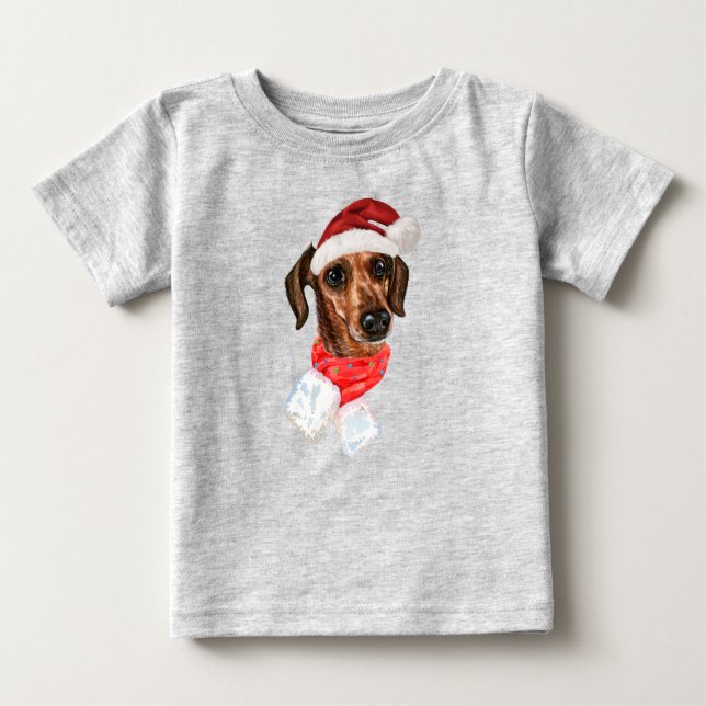 Dachshund Hund Med Jul Santa Hatt T-Shirt (Framsida)