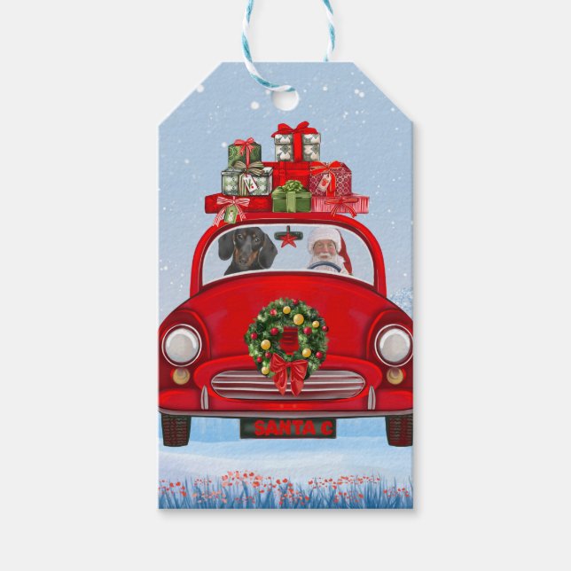 Dachshund Hund med Jultomten Presentetikett (Framsidan)