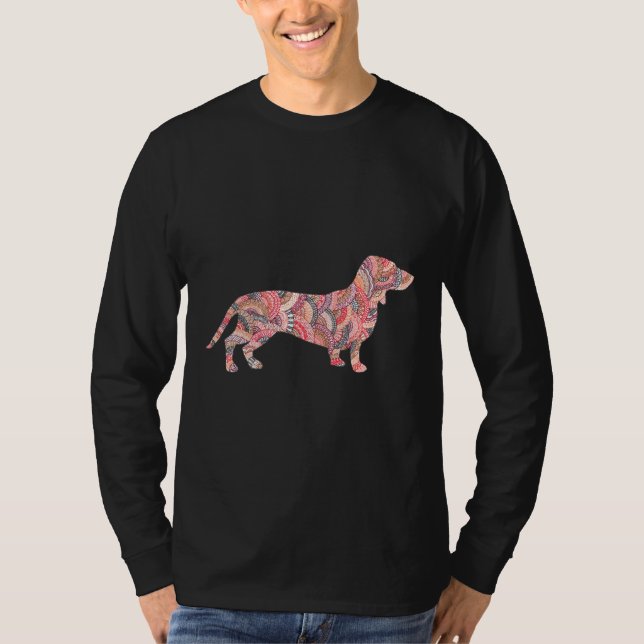Dachshund Hund Mönster Doodle T Shirt (Framsida)