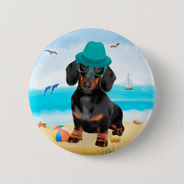 Dachshund Hund on Beach Knapp (Framsida)