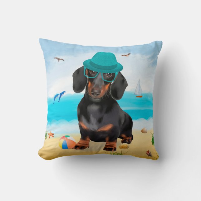 Dachshund Hund on Beach Kudde (Framsida)