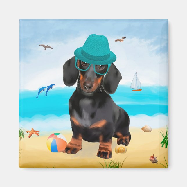 Dachshund Hund on Beach Magnet (Framsidan)