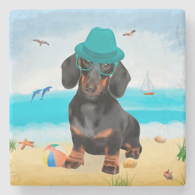 Dachshund Hund on Beach Stenunderlägg (Framsidan)