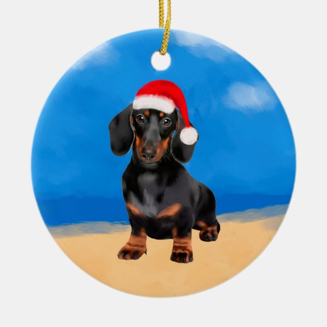 Dachshund Hund på Beach-julhatt Julgransprydnad Keramik (Framsidan)