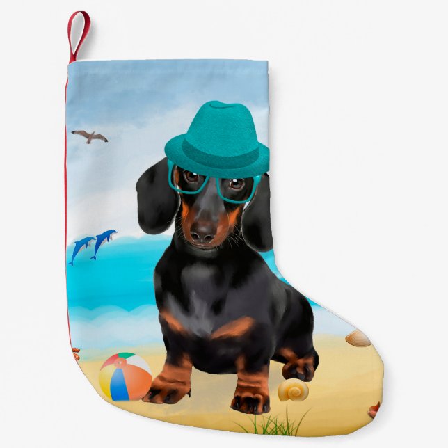 Dachshund Hund på Strand Liten Julstrumpa (Framsidan)
