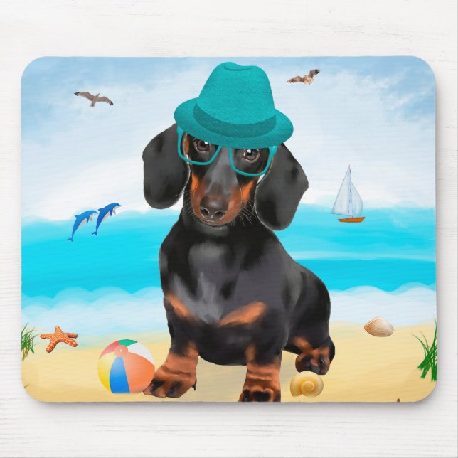 Dachshund hund på strand musmatta (Framsidan)