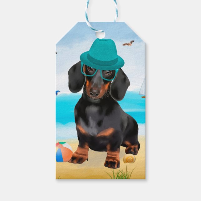 Dachshund hund på strand presentetikett (Framsidan)