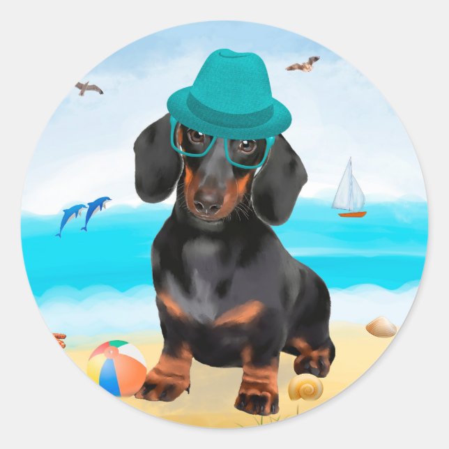 Dachshund Hund på Strand Runt Klistermärke (Framsida)
