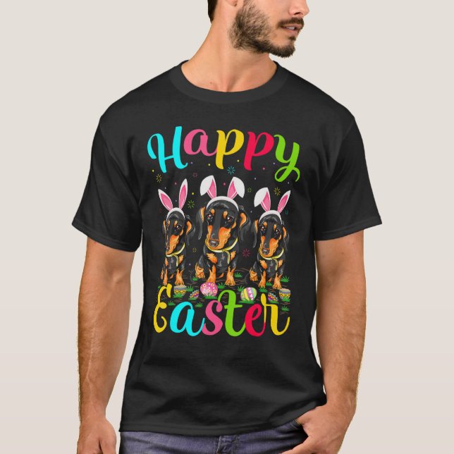 Dachshund Hund Påskägg Bunny Dachshund Lycklig E T Shirt (Framsida)