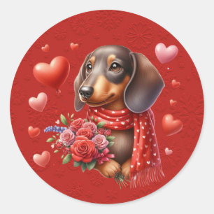 Dachshund Hund Red Valentine Hearts Runt Klistermärke