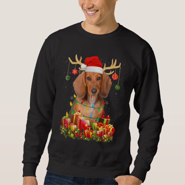 Dachshund Hund Reindeer Santa Hat-julljus X Lång Ärmad Tröja (Framsida)