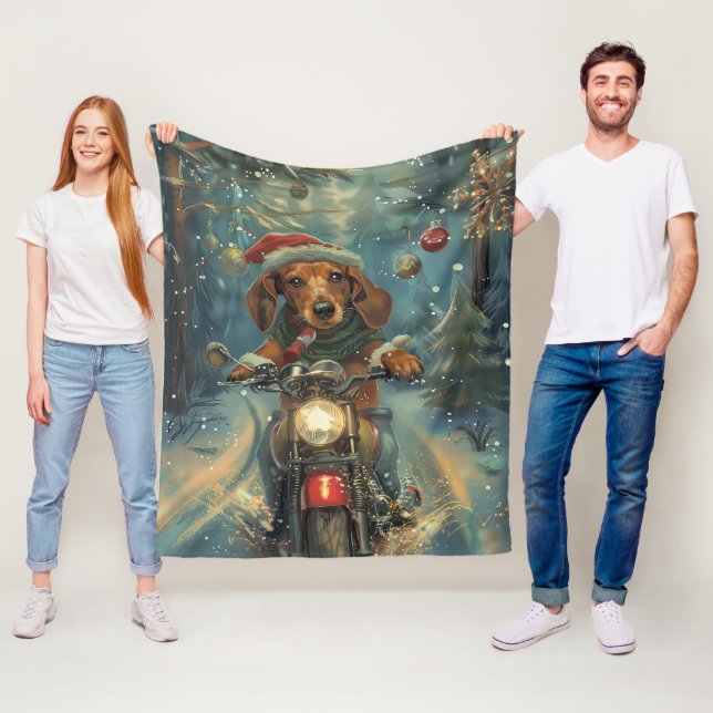 Dachshund Hund Ridande Motorcykel Jul Fleecefilt (På plats)