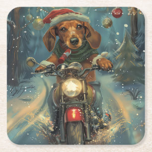 Dachshund Hund Ridande Motorcykel Jul Underlägg Papper Kvadrat