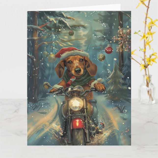 Dachshund Hund Riding Motorcykel jul Kort (Gul blomma)