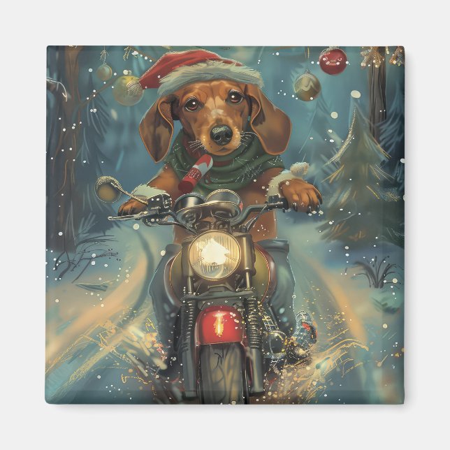 Dachshund Hund Riding Motorcykel jul Magnet (Framsidan)