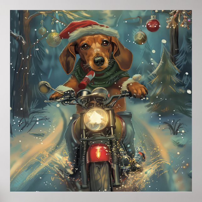 Dachshund Hund Riding Motorcykel jul Poster (Framsidan)