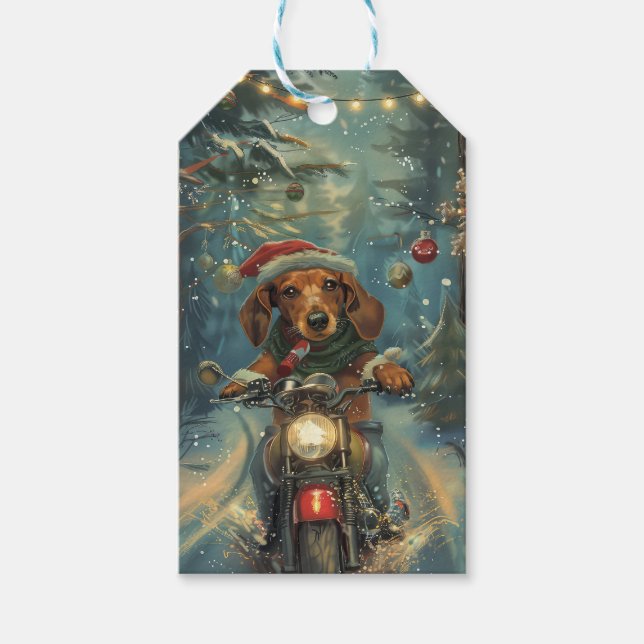 Dachshund Hund Riding Motorcykel jul Presentetikett (Framsidan)